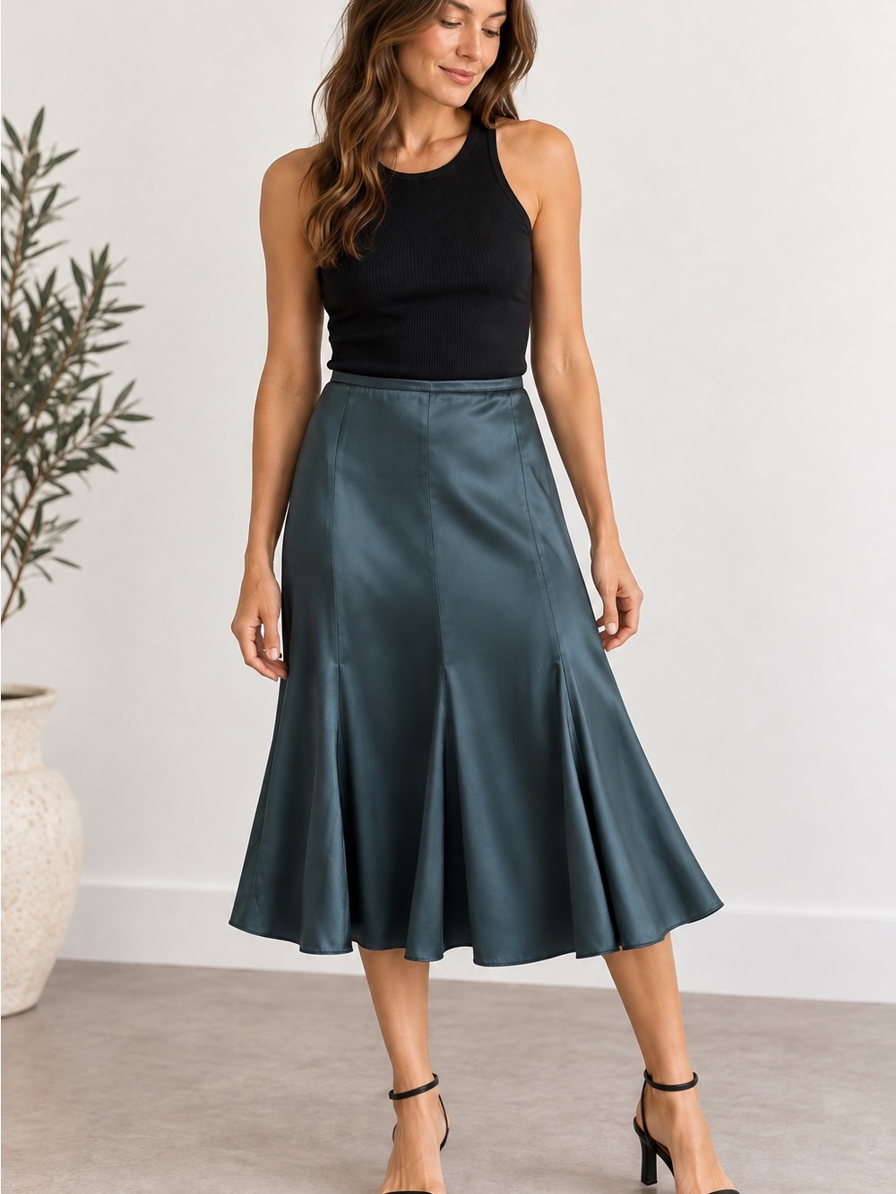 Eileen Fisher 100% Silk Muted Gunmetal Blue Godet Flare Midi Skirt Size M